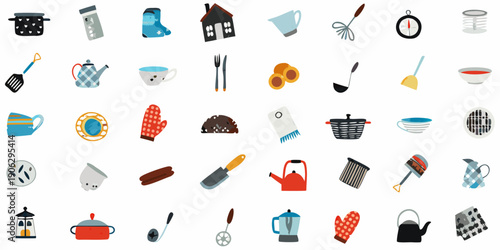 Colorful flat design icons depicting kitchenware and cooking utensils