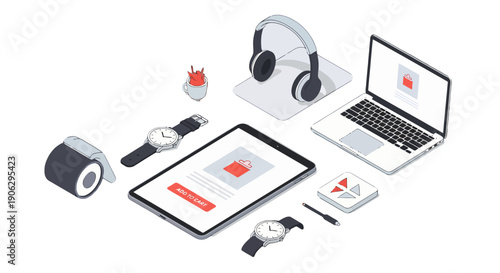 Isometric illustration of modern electronic devices and accessories for digital shopping.