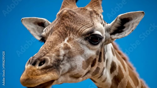 Close-up Portrait of a Giraffe’s Face Against a Blue Background.