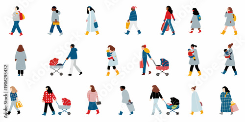Diverse group of people walking illustrated in a minimalist style