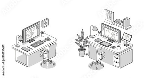Isometric Line Art Illustrations of Modern Designer Workstations with Computers and Creative Tools.