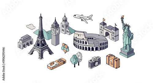 Isometric travel icons set famous global landmarks airplane camera suitcase rendered in a clean illustrative line art style.