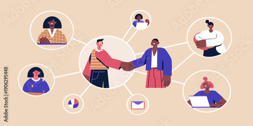 Diverse group of people connecting through a virtual network and handshake