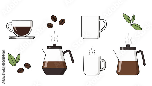 Minimalist coffee and tea vector illustration set featuring steaming mugs glass carafes with dark liquid roasted beans and fresh green leaves.