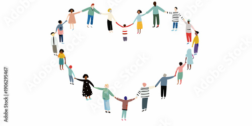 Diverse group of people forming a heart shape while holding hands