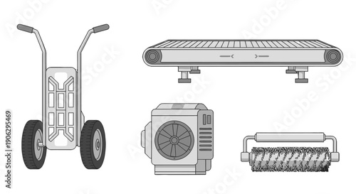 Monochromatic Industrial Logistics Equipment Set Hand Truck Conveyor Belt Fan Brush Roller.