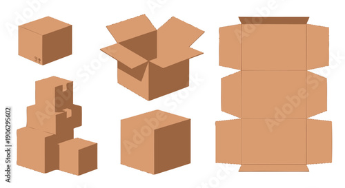 Versatile collection of brown cardboard boxes in various states closed open stacked and an unfolded template design.