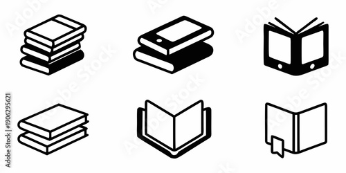 Black and white icons depicting stacks and open books in various styles