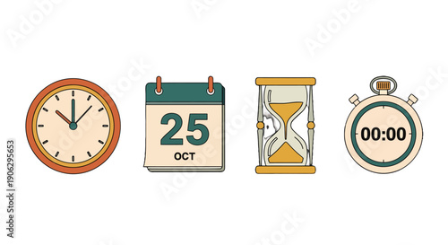 Vibrant flat design time icons round orange clock teal calendar sand hourglass and digital stopwatch.