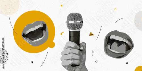 A vintage style illustration featuring a microphone mouth and hand