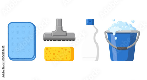 Vibrant household cleaning supplies set blue cloth vacuum head yellow sponge white bottle sudsy bucket.