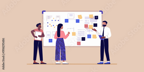 Team collaborating on a project using a visual planning board