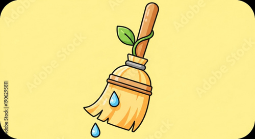 Yellow broom with green leaves and water droplets on soft yellow background symbolizing cleanliness and freshness