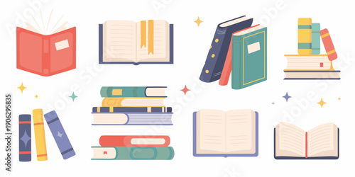 Collection of colorful open and stacked books with decorative sparkles