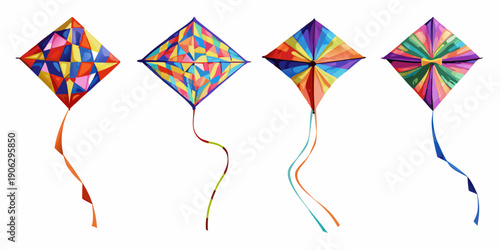 Four colorful diamond kites isolated on a white background