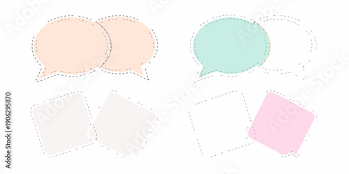 Pastel colored speech bubbles and note shapes with dashed outlines