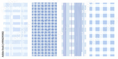 Four blue and white patterned fabric swatches displayed vertically