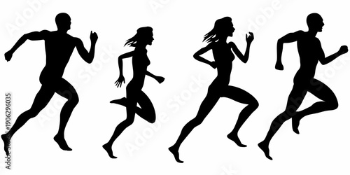 Silhouettes of four people running depicting motion and athleticism