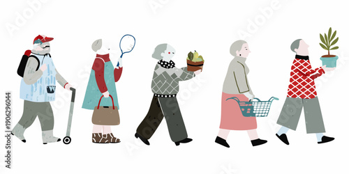 A line of diverse seniors walking carrying items and enjoying life