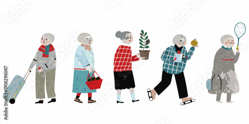 Illustrative depiction of five elderly women enjoying various leisurely activities