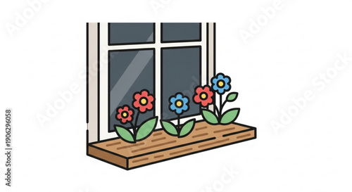 Colorful flowers on a wooden window sill with white frame and green leaves on a sunny day
