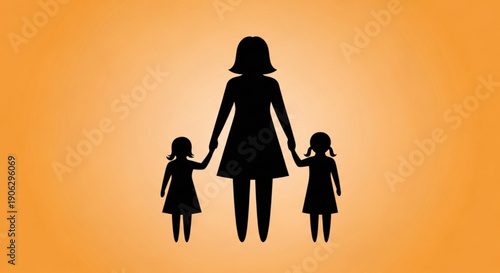 Mother Holding Hands with Two Daughters Silhouette on Orange Background