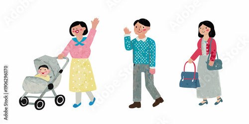 Illustration of a family with a baby in a stroller waving cheerfully