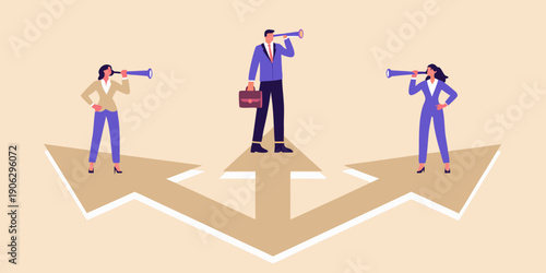 Business team using telescopes to view future opportunities and navigate paths