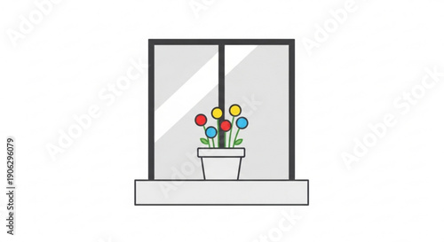 Colorful flowers in a pot on a windowsill with a modern frame and gray background