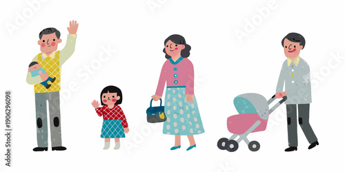 A happy family of five poses together in a simple illustration