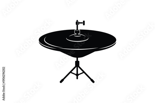 Black hi hat cymbal on stand for drumming and music performance isolated on white background
