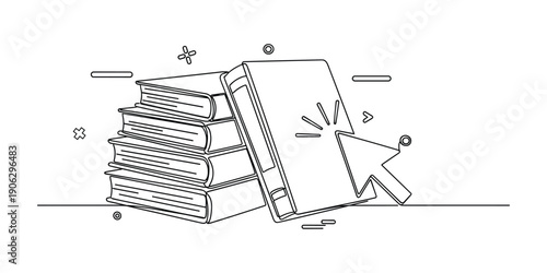 Educational book stack with digital cursor in continuous line art vector drawing