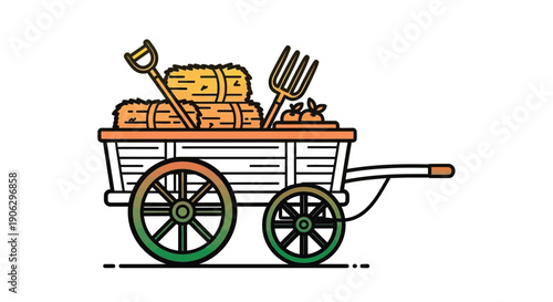 Rustic farm cart loaded with hay bales, agricultural tools, and fresh produce for harvest season