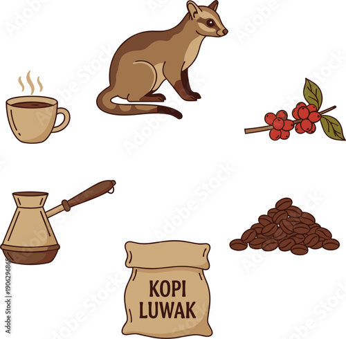 Kopi Luwak Coffee Production Process Set Isolated on White Background Flat Vector Illustration
