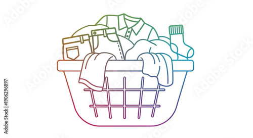 Vibrant gradient line art illustration of a full laundry basket with assorted clothes and garments