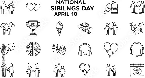 National Siblings Day Line Art Icons Set: Family, Love, Celebration, Games, and Gifts