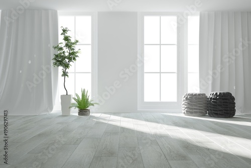 modern room with curtains, poufs and two plant in flowerpots interior design. 3D illustration