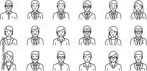 Diverse set of line art people avatars: men and women, professionals and casual, various ages and styles