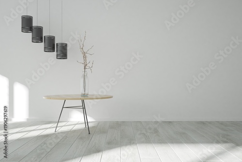 modern room with table and glass vase with branches on it and four black lamps interior design. 3D illustration