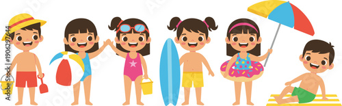 Happy Kids at the Beach Cartoon Character Set Isolated on White Background Flat Vector Illustration