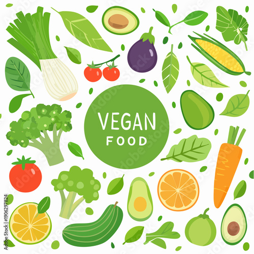 Assorted vegan food ingredients arranged in a circular pattern.