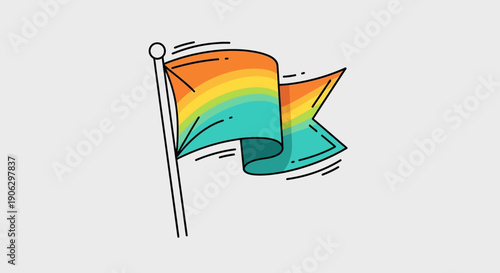Vibrant gradient doodle flag illustration waving gently against a clean light background