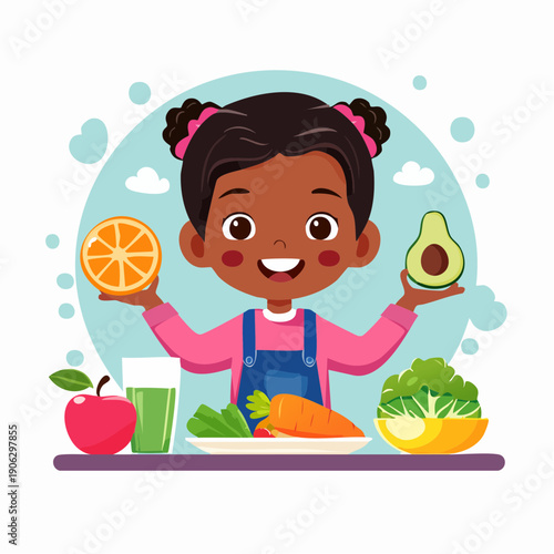Young girl holding orange and avocado surrounded by healthy food.