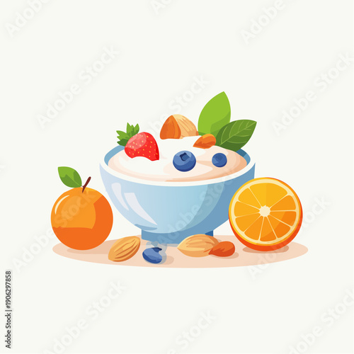 Healthy breakfast with yogurt, fruits, and nuts.