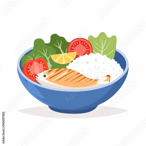 Delicious grilled fish served with rice and fresh vegetables in a blue bowl.