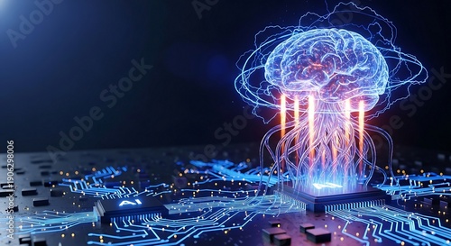 Futuristic AI Brain with Glowing Circuits and Data Streams.