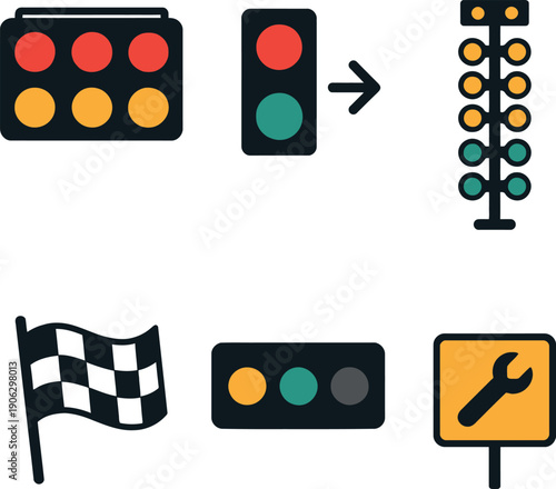 Traffic Light Signal States and Racing Flag Flat Icon Collection