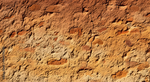 A rustic rough stone surface with warm earthy orange and yellow tones