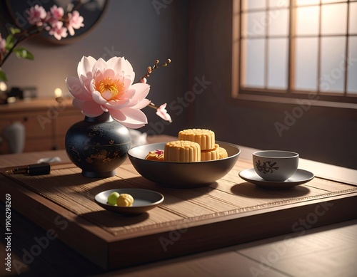 Wallpaper Mural Traditional Japanese Tea Ceremony with Mooncakes and Peonies. Torontodigital.ca