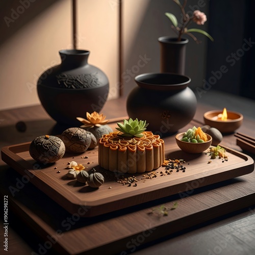 Wallpaper Mural Traditional Mooncake Delicacy with Tea Set and Rustic Decor. Torontodigital.ca